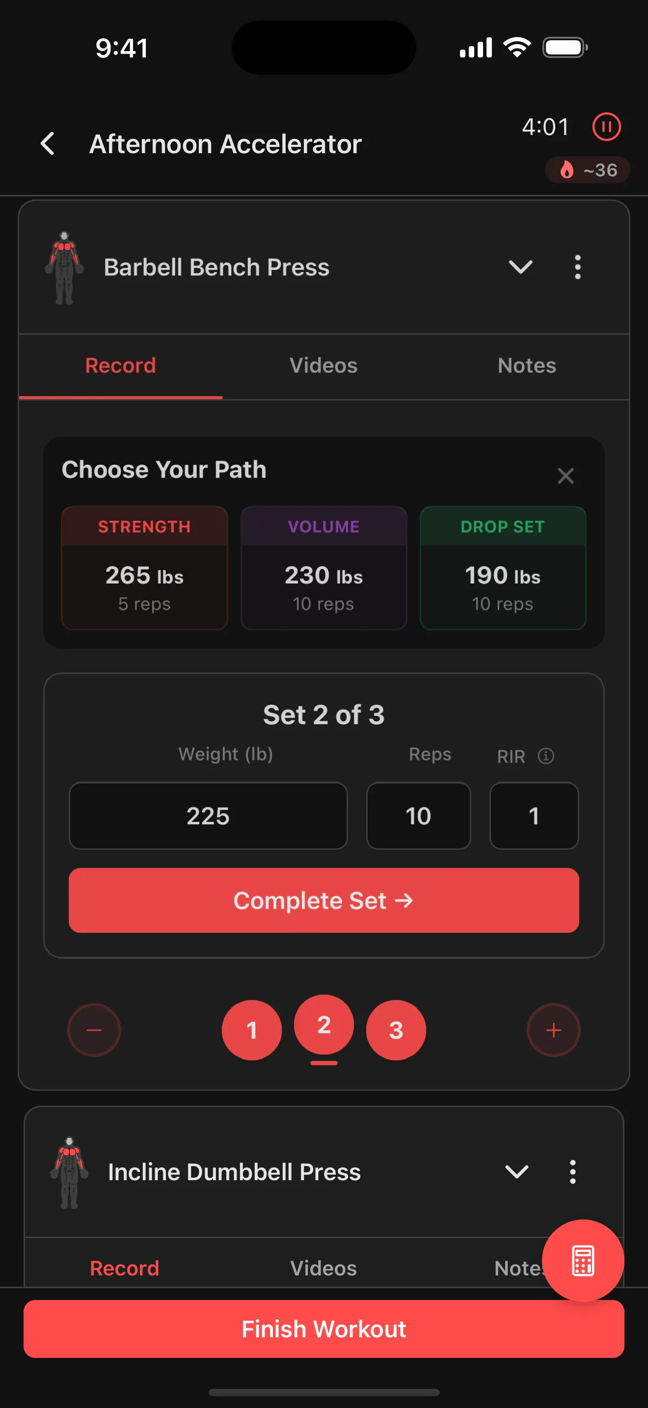 Active workout session showing live strength training