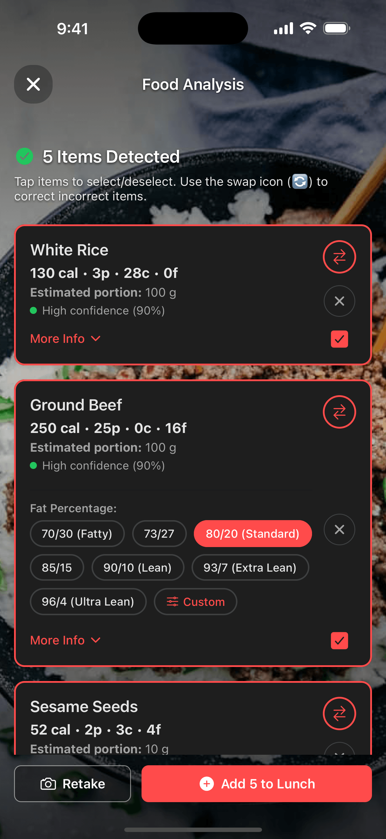 AI food camera analyzing a photo with nutrition data