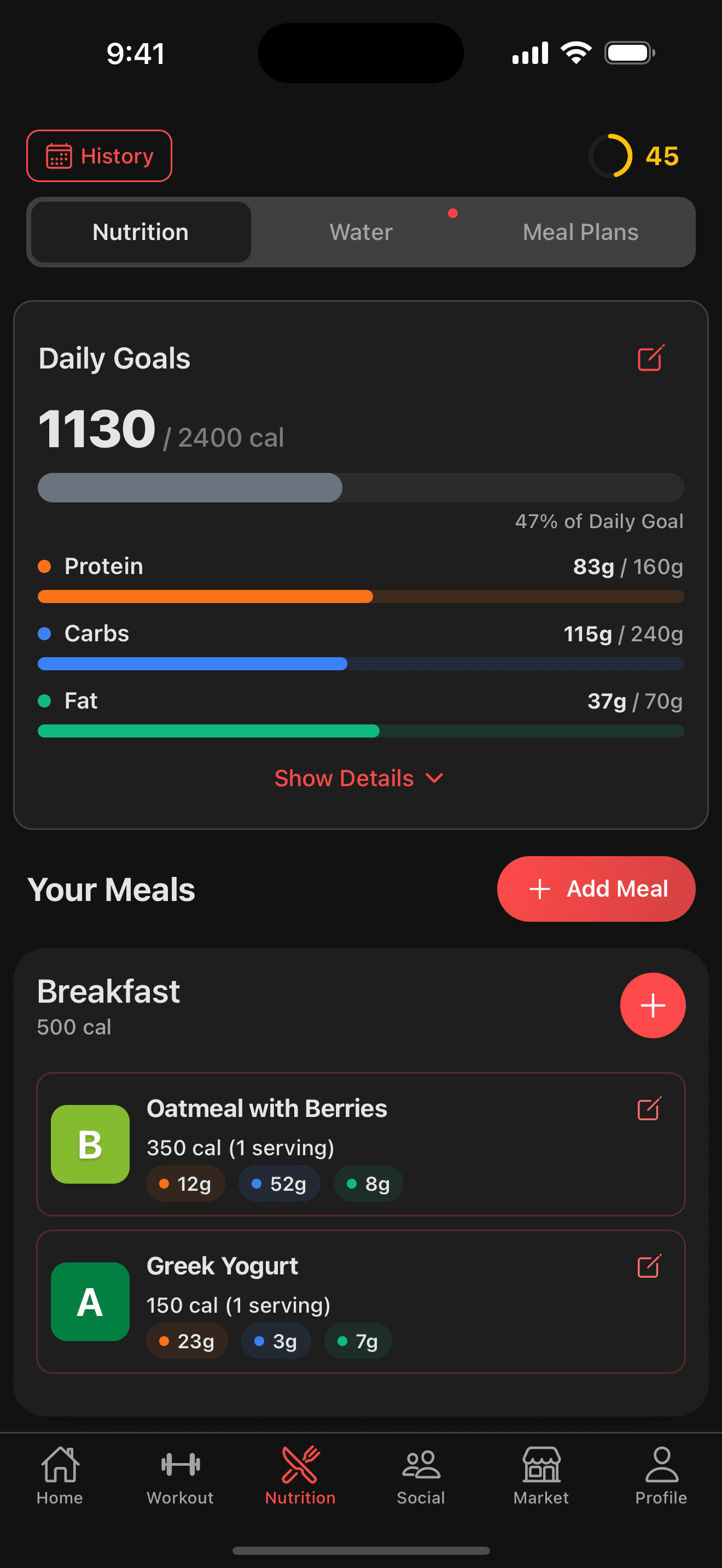 Meal tracking with macros, water tracker, and food log