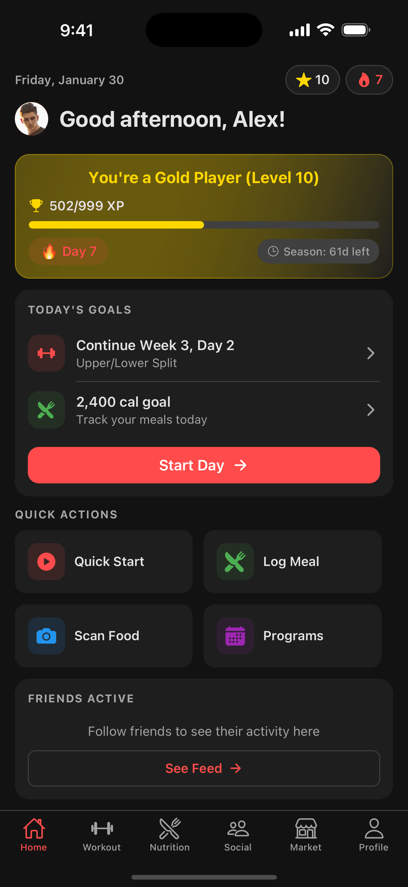 Novion Home Dashboard showing gamification, goals, and quick actions