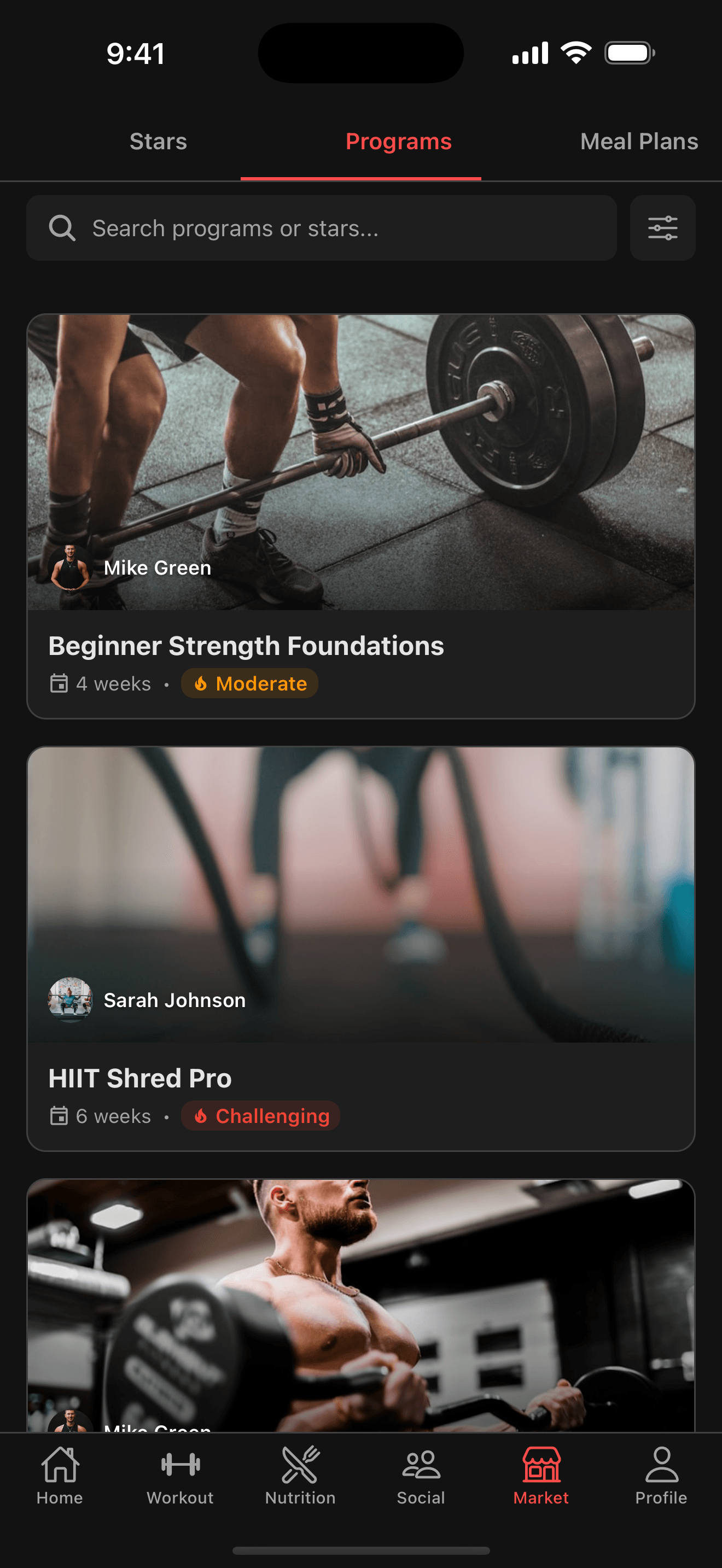 Programs marketplace showing creator workout programs